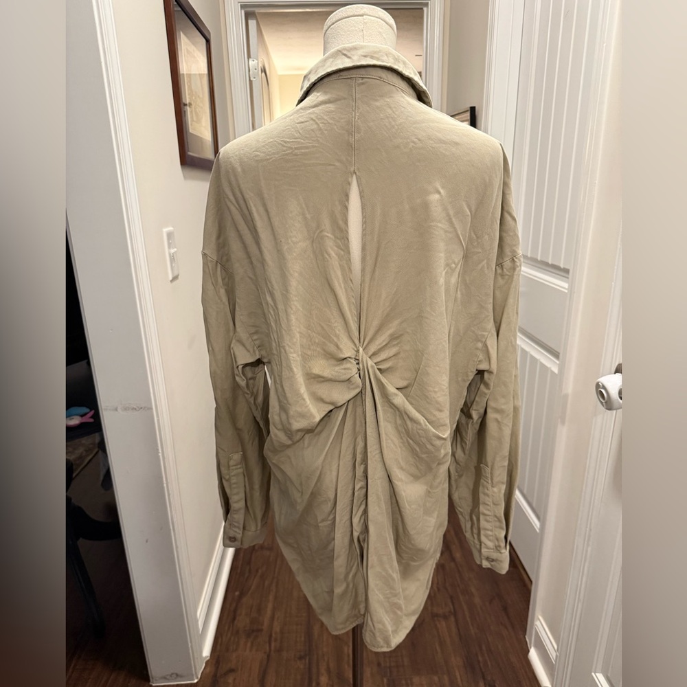 Fate Women's Tan Button-Down Tunic Blouse with Twist Back. - Picture 4 of 14